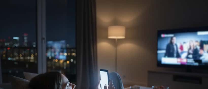 Femme allongée sur canapé regardant une série le soir sur son téléphone, fatiguée mais incapable d'arrêter