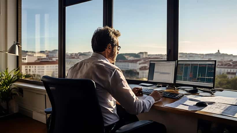 Consultor financeiro em Lisboa revendo dados do mercado bolsista Euronext Lisboa