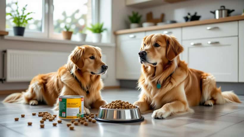 Bekymret hundeeier inspiserer en boks våtfôr ved siden av matskål mens en golden retriever venter
