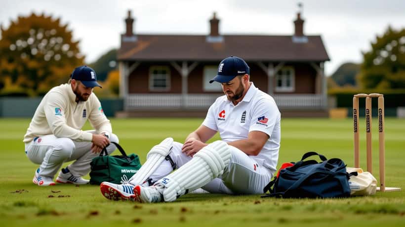 Club cricketer clutching his thigh on a village outfield as a teammate brings an ice pack