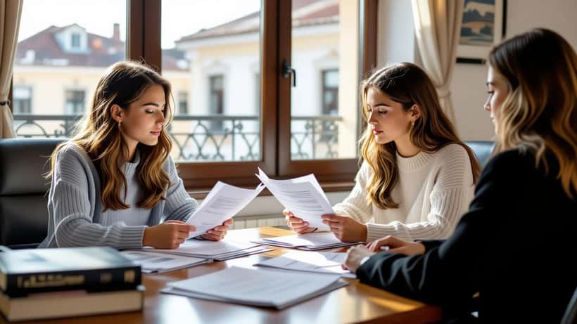Jovem portuguesa em escritório de advogado de família com documentos judiciais sobre a mesa em Lisboa