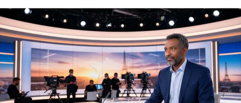 Animateur de télévision dans un studio parisien, regard pensif sous les projecteurs