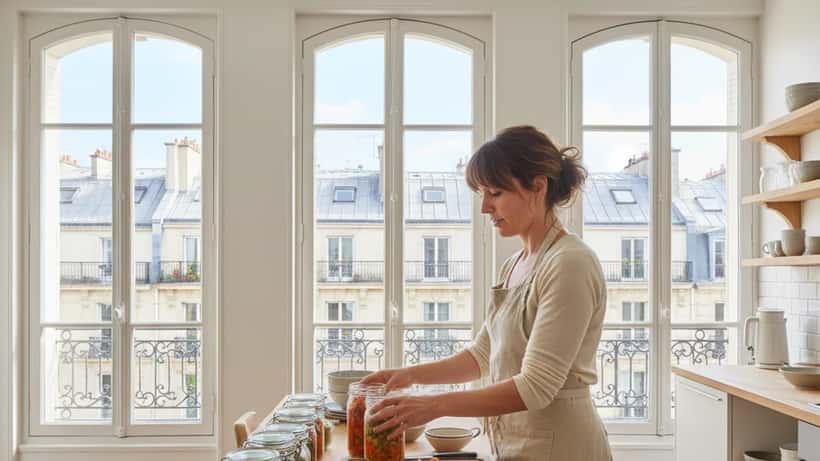 Femme française préparant des bocaux de légumes et légumineuses en batch cooking dans une cuisine parisienne lumineuse