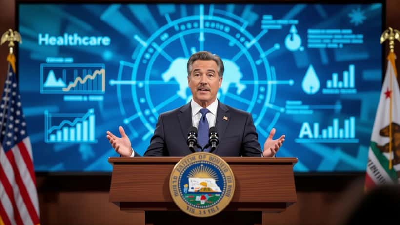 Gavin Newsom speaking at a podium with California and policy documents in the background