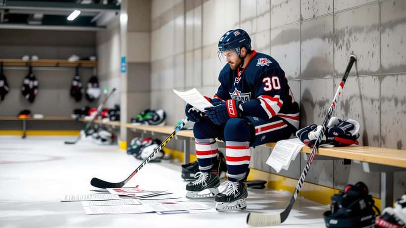 Ishockeyspelare studerar kontrakt och finansiella dokument i omklädningsrum
