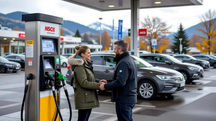 Mann betankt einen Diesel-Kombi an einer Tankstelle bei Wien, Preisanzeige an der Zapfsäule