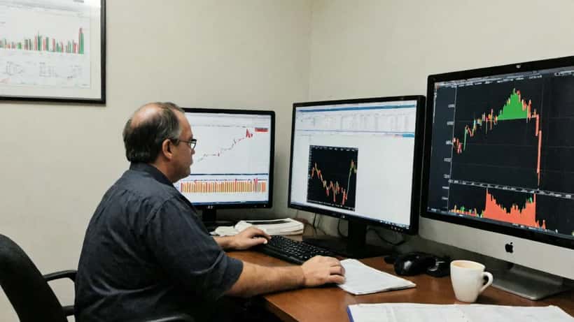 Financial advisor reviewing oil price charts showing sharp decline on trading monitors