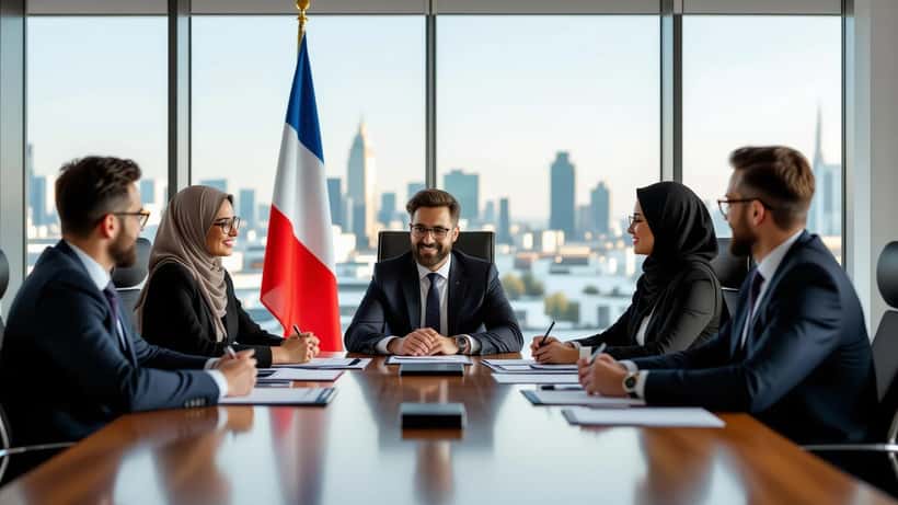 Advocaten bespreken Frans-Marokkaans contract met vlaggen op de achtergrond