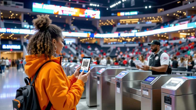 Partisan vérifiant un billet de revente sur son téléphone à l'entrée d'une aréna de la WNBA