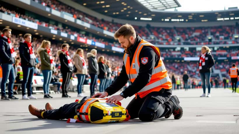 Sanitäter mit AED-Defibrillator im Stadion-Unterrang beim Einsatz an einem Fan
