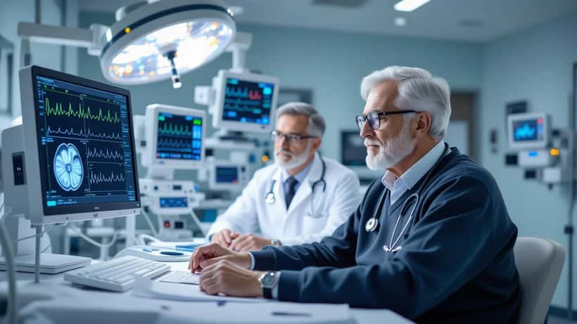 Cardiologist studying an echocardiogram of an aortic heart valve on a clinic monitor