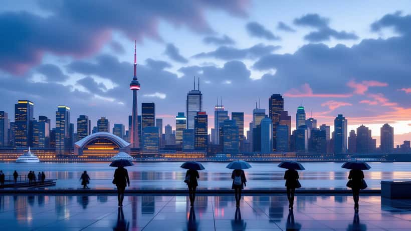 Canadian city skyline at dusk with weather forecast overlay, people prepared with umbrellas and jackets
