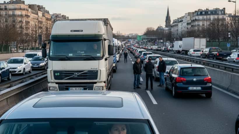 Salariée bloquée dans les embouteillages sur le périphérique parisien lors de l'opération escargot des transporteurs routiers