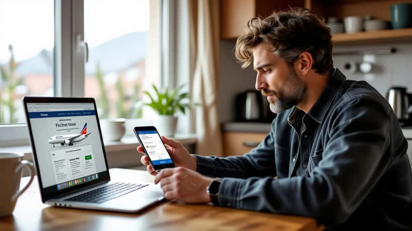 Hombre latino preocupado revisa un sitio de reservas de vuelos en su laptop mientras recibe una llamada sospechosa