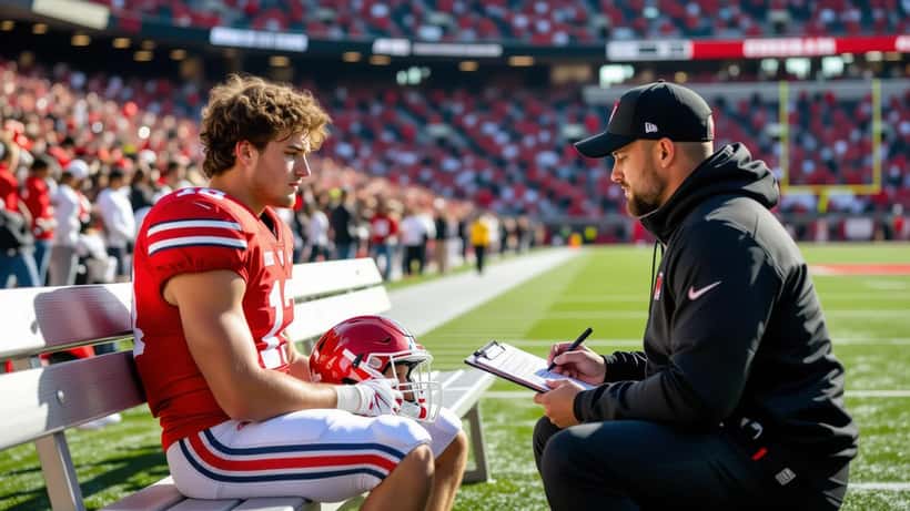 College football player sitting on sideline bench with helmet in lap, athletic trainer reviewing concussion evaluation clipboard, stadium crowd in background