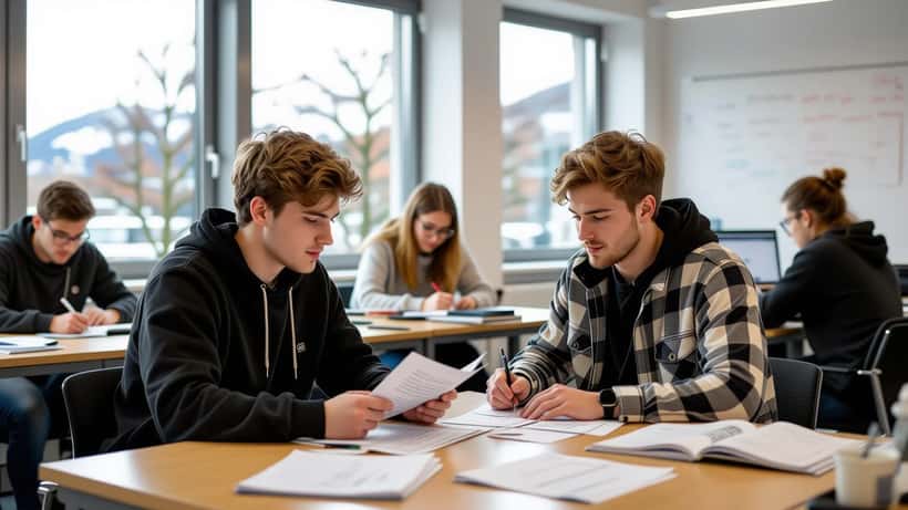 Norsk student og privatlærer diskuterer matematikk ved campus i Trondheim, bøker og notater på skrivebordet