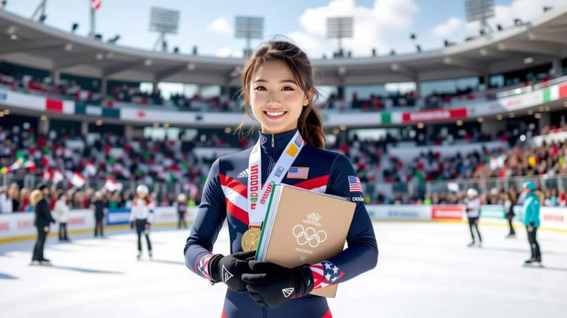 Joven patinadora artística con medalla olímpica revisando libros universitarios
