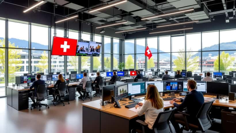 Newsroom du nouveau site RTS Écublens sur le campus EPFL, journalistes aux consoles de diffusion juin 2026