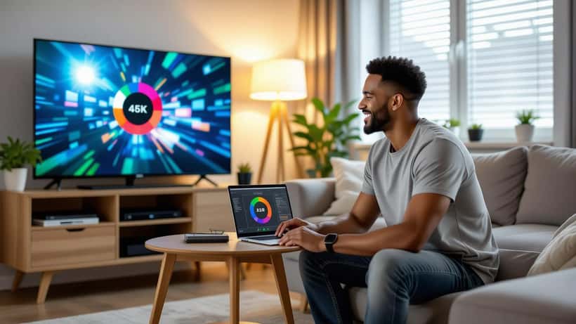 American man troubleshooting Wi-Fi router in living room while Premier League match buffers on 4K TV