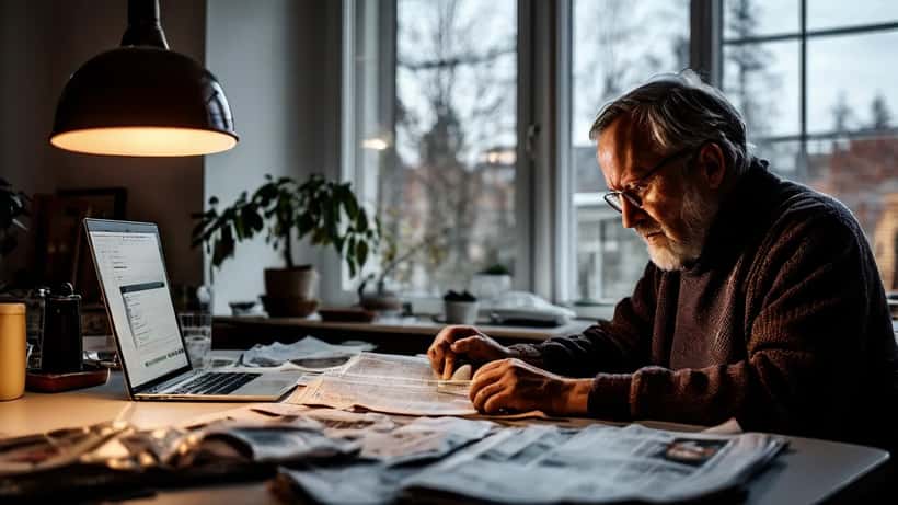 Svensk investerare granskar Kinnevik-aktien på laptop med röd kursgraf