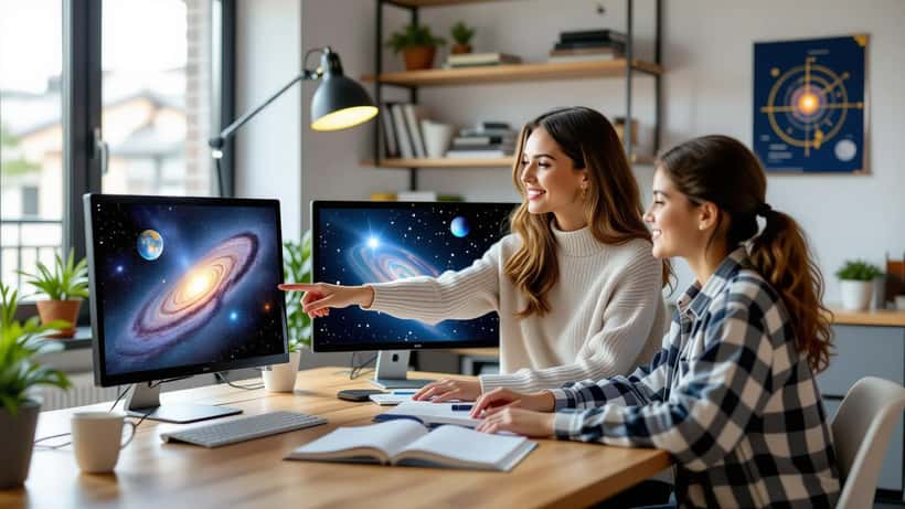 Tutor di scienze mostra immagini di esopianeta su tablet a studente in studio milanese