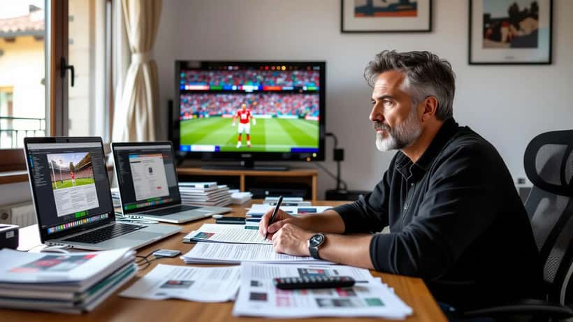 Abbonato italiano esamina contratti di abbonamento sportivo davanti alla TV con la Domenica Sportiva in onda