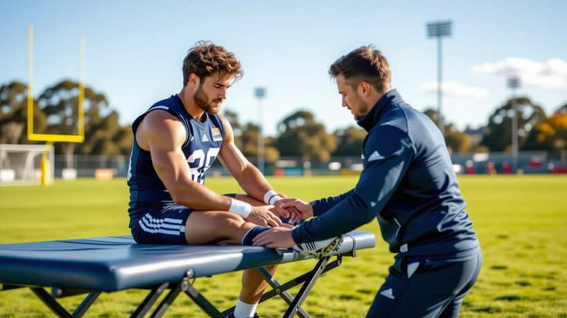 AFL footballer receiving knee assessment from sports physiotherapist on Melbourne oval sideline