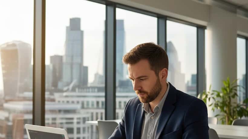 Man reviewing crypto charts on laptop in modern London financial district co-working space
