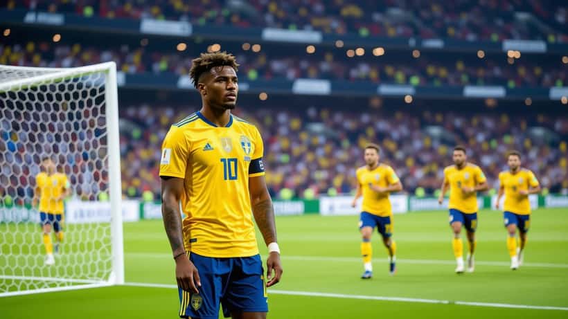 Calciatore svedese di origini tunisine fermo sul campo dopo il gol ai Mondiali 2026, espressione pensierosa