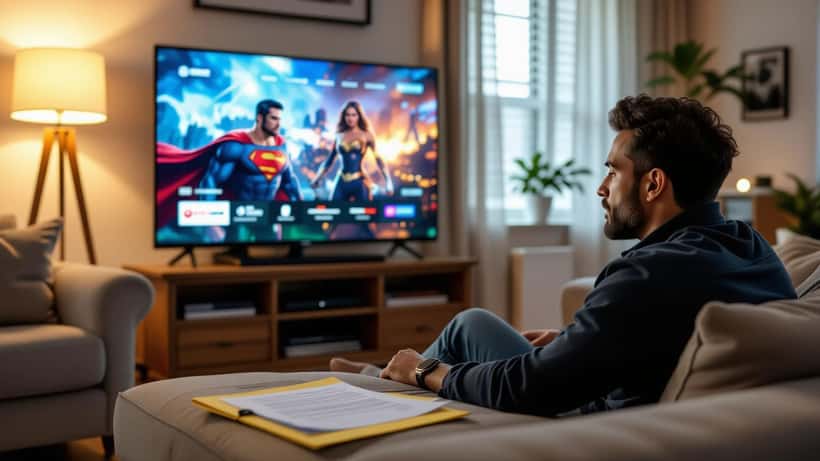 Hombre revisando documentos de suscripción a plataforma de streaming en su sala de estar