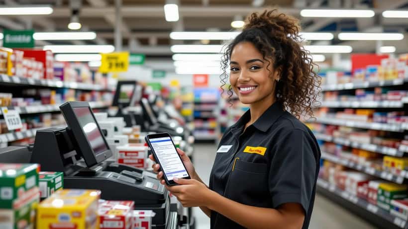 Caixa de supermercado brasileira segurando celular com holerite, escala 6x1, iluminação fluorescente