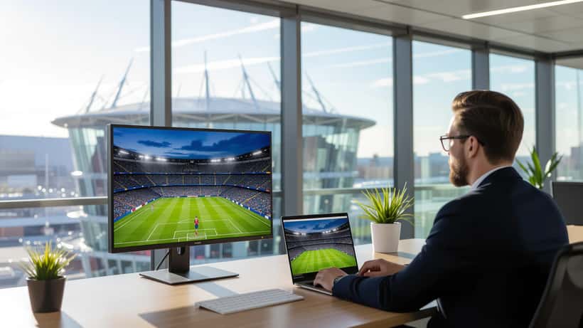 Norske markedsføringseksperter planlegger VM 2026 sponsor- og influencer-kampanje på et moderne kontor