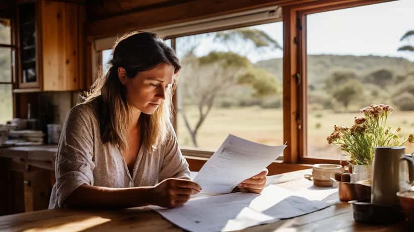 Australian woman reviewing legal contract documents at a farmhouse kitchen table before signing a reality TV participation agreement