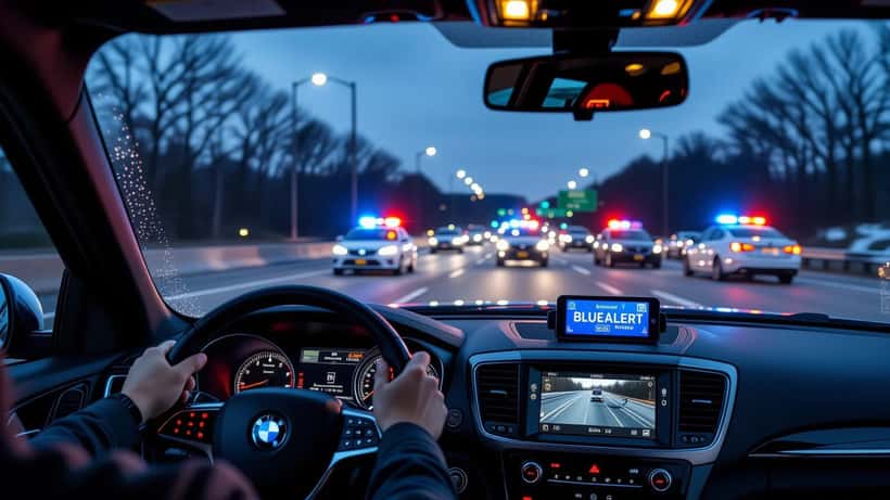Kentucky State Police patrol cars with flashing lights blocking Interstate 65 at night during a Blue Alert manhunt in Warren County, Kentucky