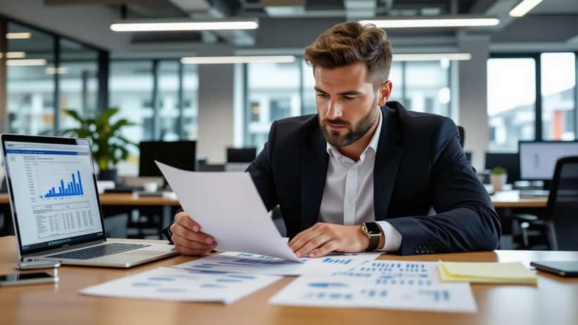 Professional examining workplace financial documents at office desk in Birmingham UK