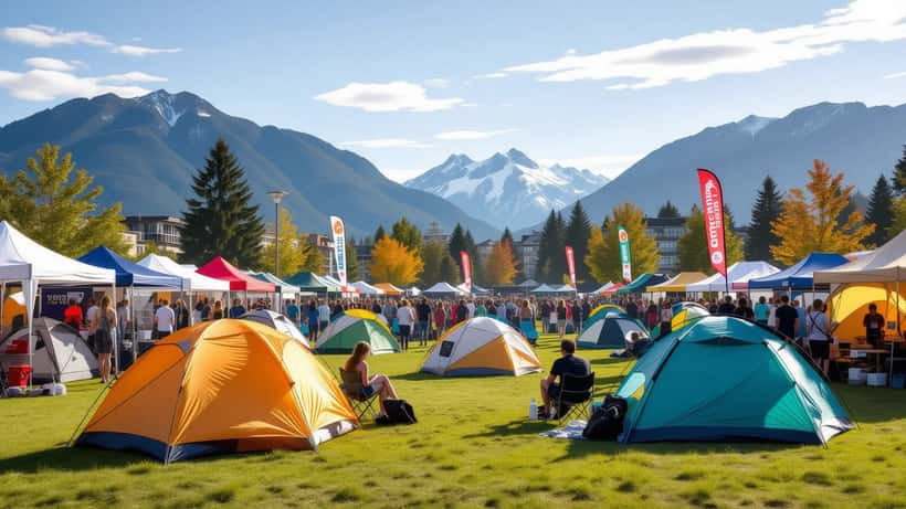 Festival en plein air à Vancouver, tente blanche et montagnes sous un ciel d'été 2026