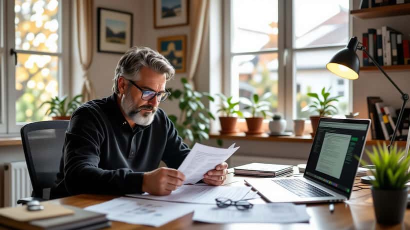 Homem português analisa bilhete Powerball e formulários de IRS numa mesa de trabalho em casa