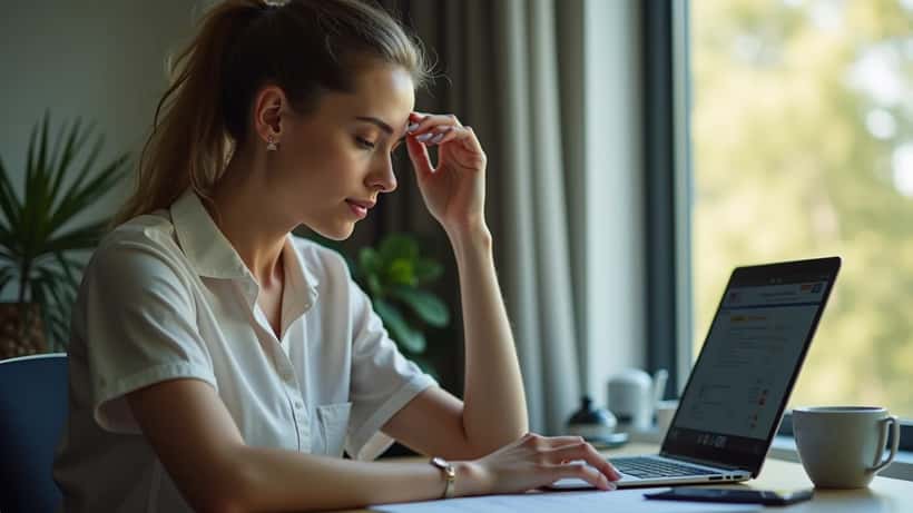 Australian woman checking AHPRA health practitioner register on laptop at home desk