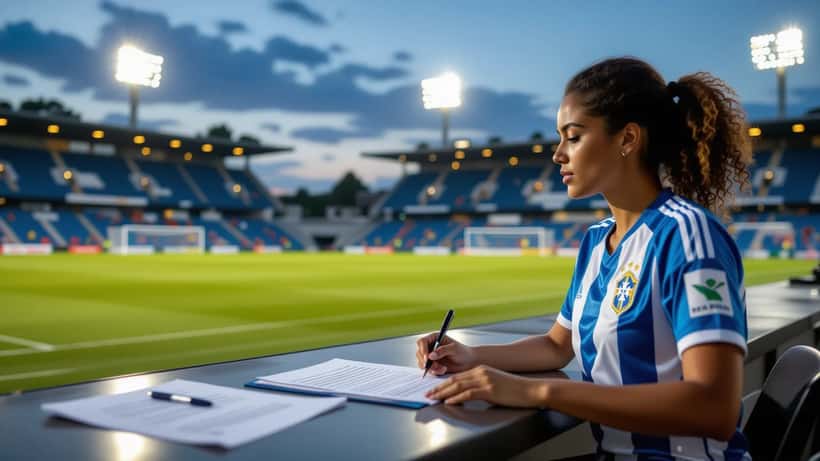 Jovem futebolista brasileiro em treino no Estádio do Dragão com documentos de contrato visíveis em primeiro plano