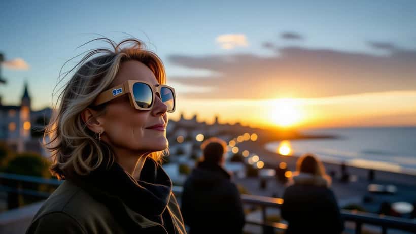 Woman wearing certified ISO eclipse glasses watching a partial solar eclipse over a UK coastal town at dusk