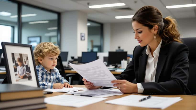 Family solicitor reviewing child custody documents in a London law office after a co-parent's sudden death