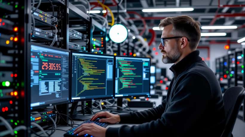 IT-Techniker im Rechenzentrum prüft Scheduling-Dashboard nach Zeitumstellung 2026