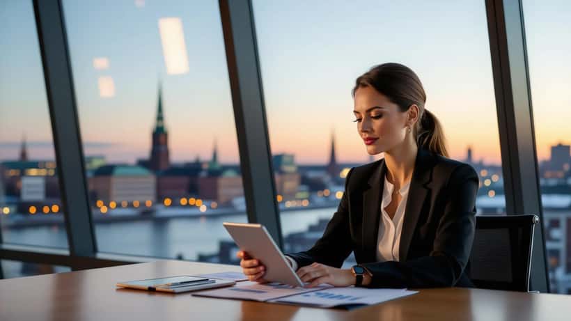 Svensk affärskvinna går igenom finansiella rapporter i ett modernt kontor i Stockholm