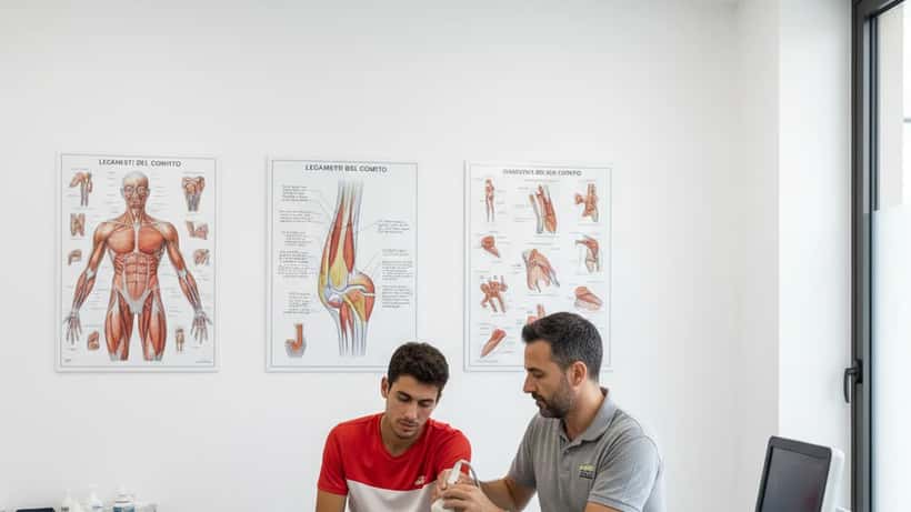 Fisioterapista sportivo italiano tratta un infortunio al gomito di un tennista in una clinica a Milano