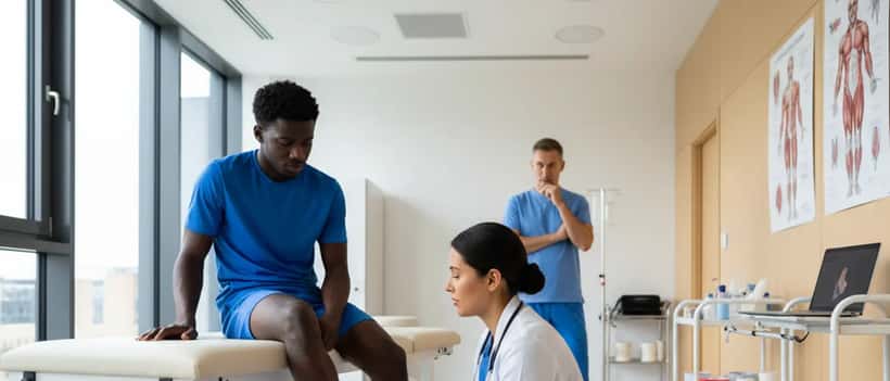 Sportmediziner untersucht den Knöchel eines Fußballspielers in einer Klinik