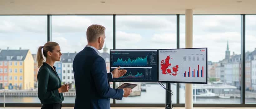 Dansk finansrådgiver gennemgår investeringsportefølje foran valgresultater på skærm