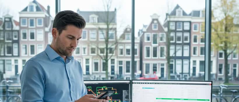 Nederlandse IT-specialist bekijkt iPhone met iOS-update in modern Amsterdams kantoor, beveiligingsdashboard op monitor