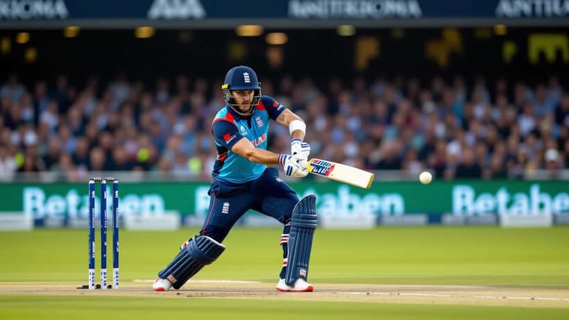 Jacob Bethell in England T20 kit playing an aggressive shot at Old Trafford, second T20I vs India July 2026
