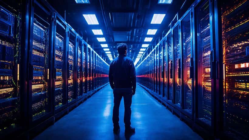 IT engineer examining server racks in a modern Canadian data centre, blue LED indicator lights, high-performance computing infrastructure