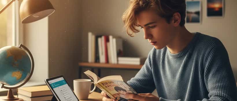Adolescent français qui lit un manga à son bureau avec des cahiers et des supports d'apprentissage